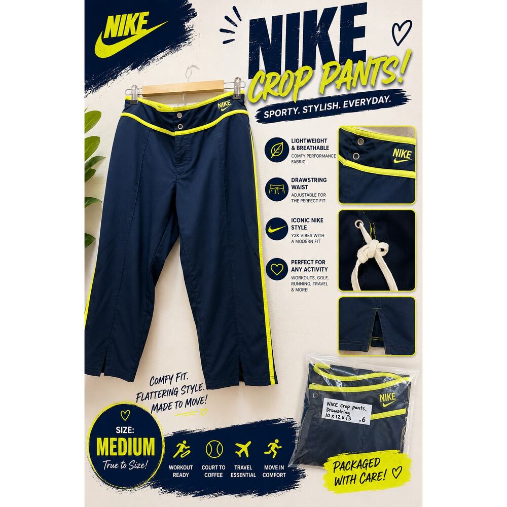 Nike Cropped Athletic Pants Navy Neon Yellow Drawstring Workout Medium